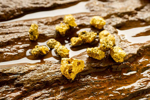 A chunk of pure gold from the mine that was unearthed was placed on the rocky ground