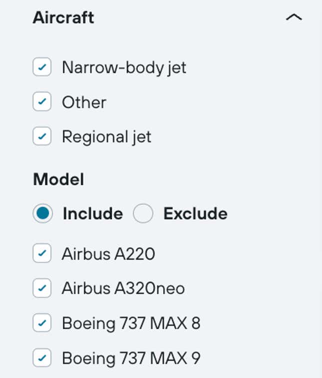 Kayak’s updated feature lets you exclude specific models of planes with turbulent histories.