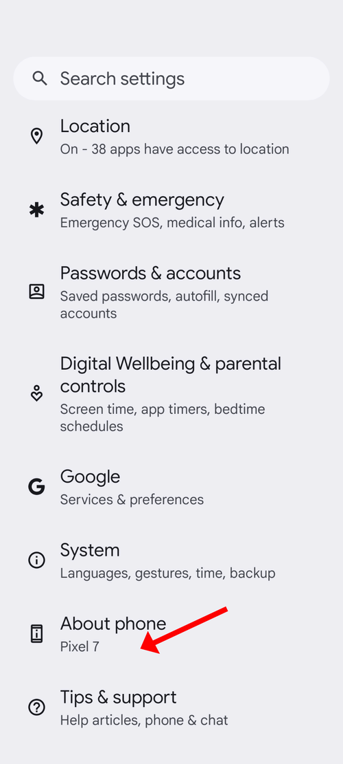 The 'About Phone' tab in Settings of Google Pixel 7.