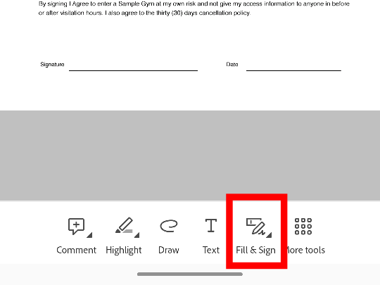 The 'Fill & Sign' option within the Adobe Acrobat Reader Android app.