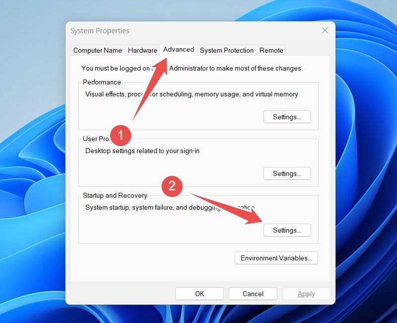 Selecting 'Settings' in the Startup and Recovery section of the Advanced tab in System Properties