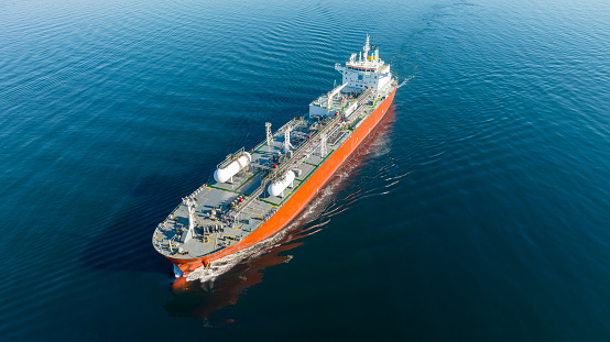 Aerial view of LPG gas ship. Gas carrier, gas tanker sailing in ocean