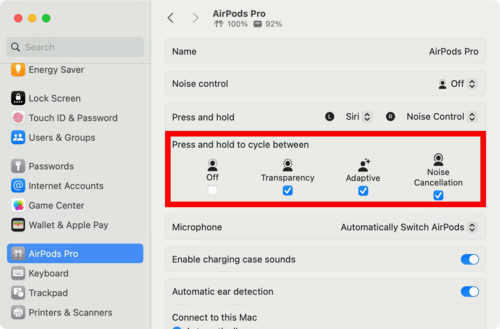 AirPods Settings on macOS Sonoma with the Press and Hold Section highlighted and the Transparency, Adaptive and Noise Cancellation options selected.