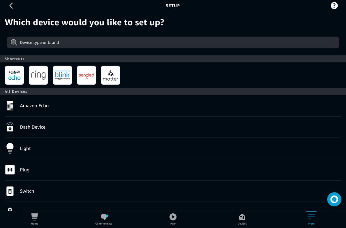 Search for your device type or brand name to help Alexa set up a new security device.