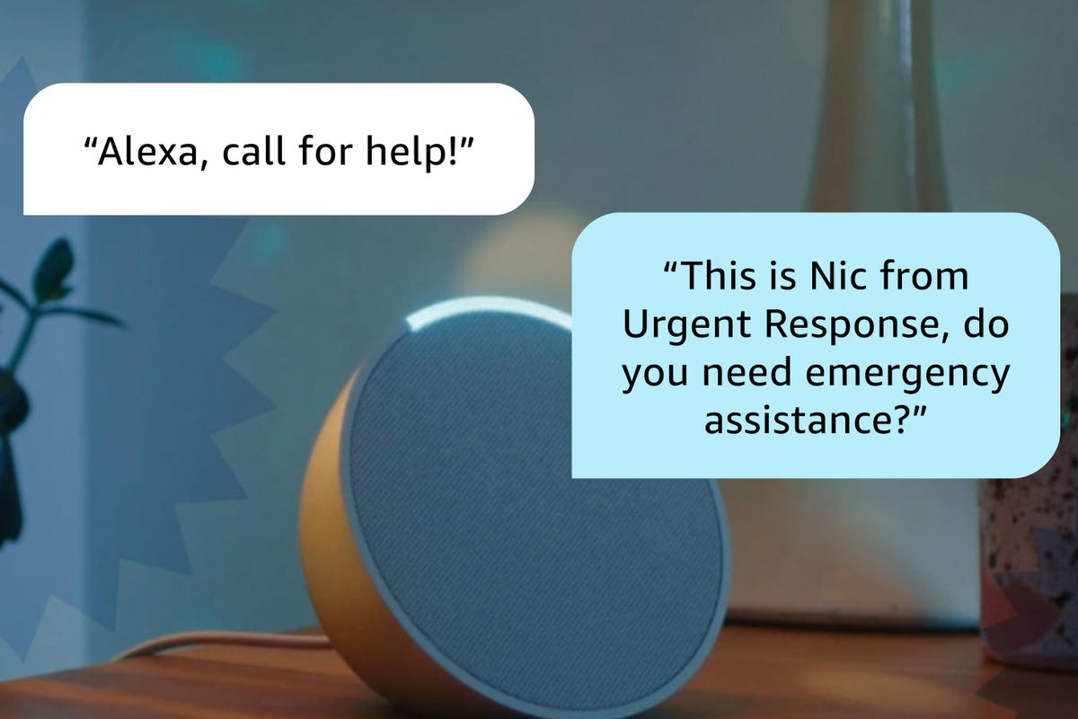 Illustration of conversation using an Echo speaker on a table to call for help with Alexa.