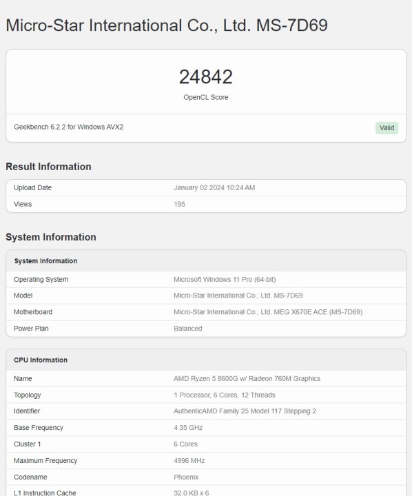 Screenshot of the leaked Geekbench benchmark scores of the upcoming AMD Ryzen 8600G.