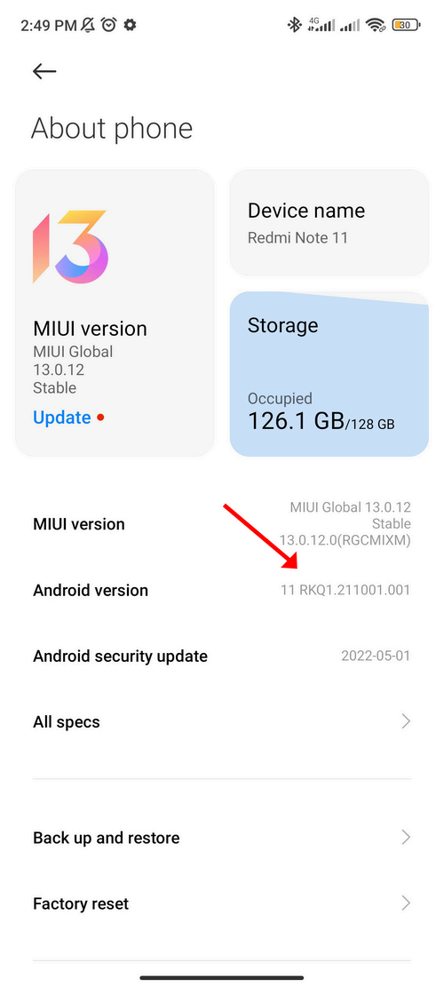 The About Phone page on a Redmi phone showing the Android Version and Build Number.