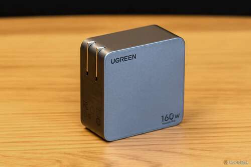 Angled view of the Ugreen Nexode Pro 160W 4-Port GaN Wall Charger