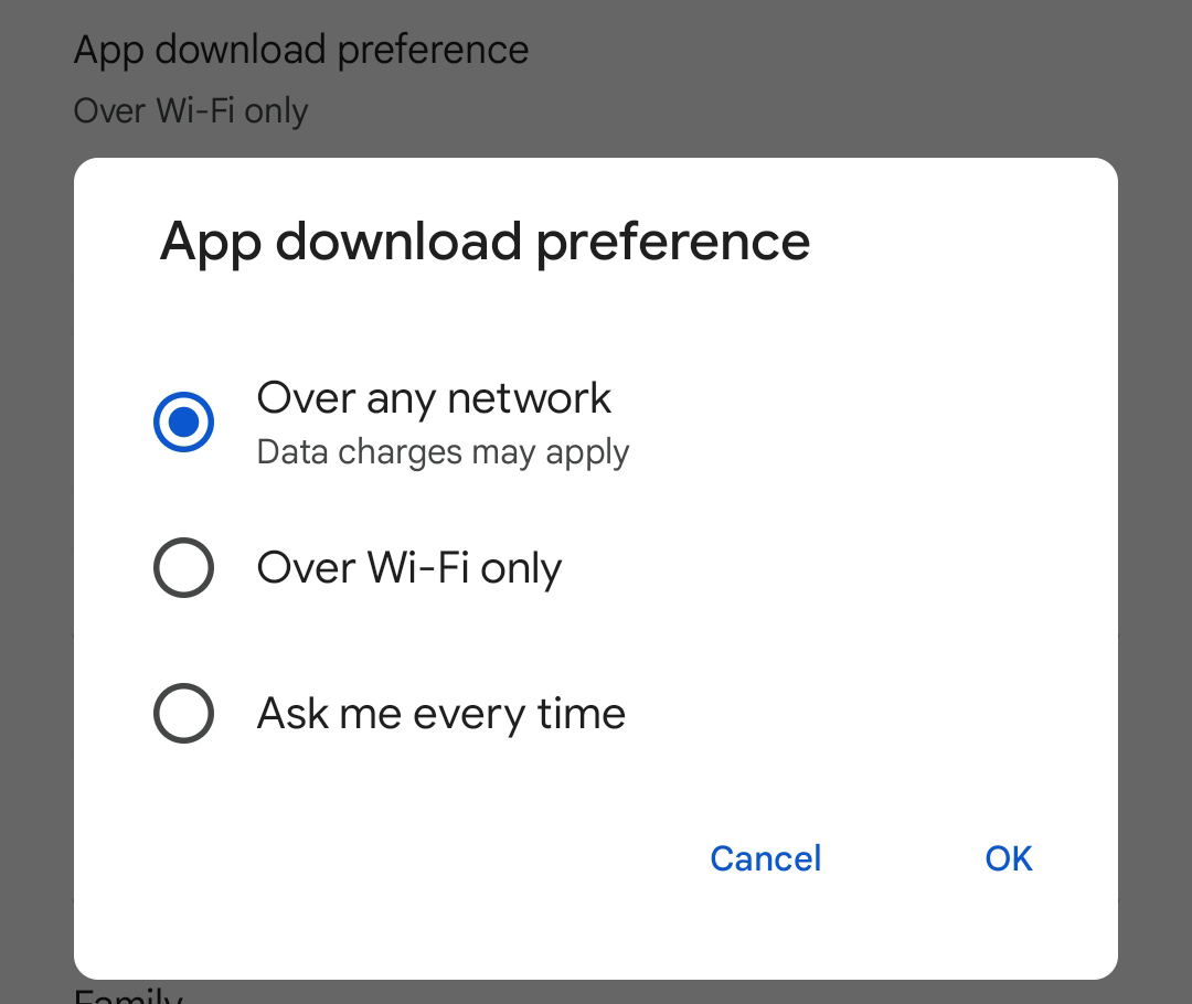 App download preference options.