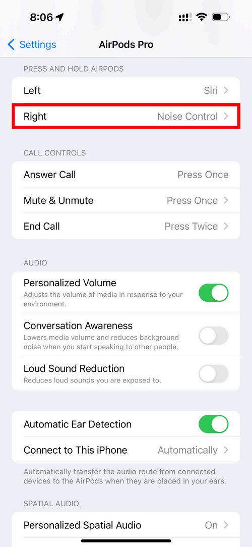 AirPods settings on iPhone highlighting the Right AirPod option in the Press and Hold section.