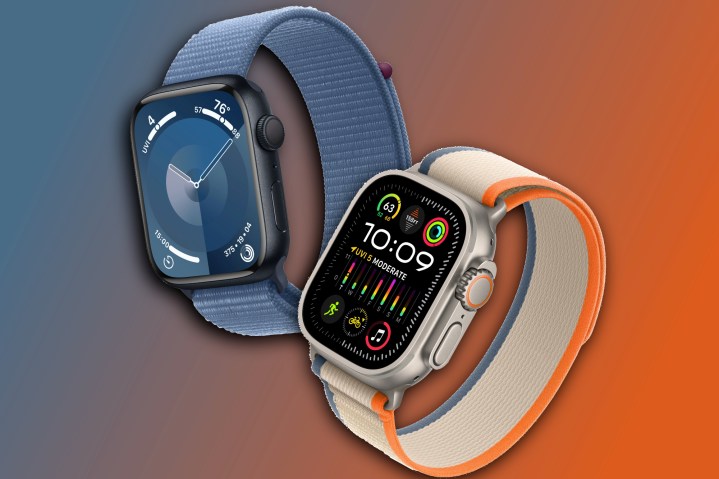 Renders of the Apple Watch Series 9 and Apple Watch Ultra 2 next to each other.