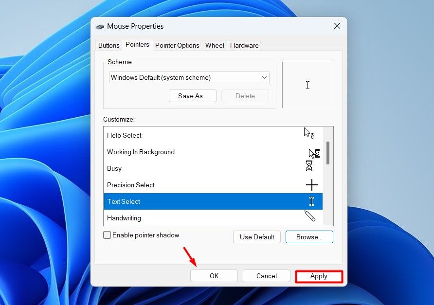 Apply option in Mouse settings