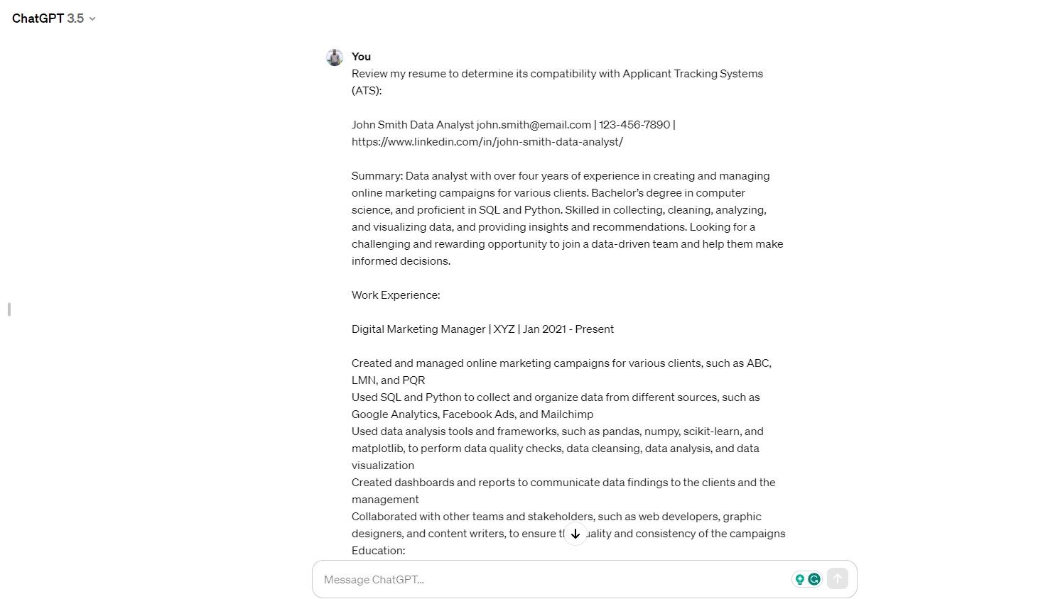 Asking ChatGPT to determine if a resume is ATS compatible