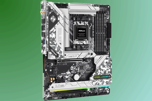 ASRock X670E Steel Legend against green background