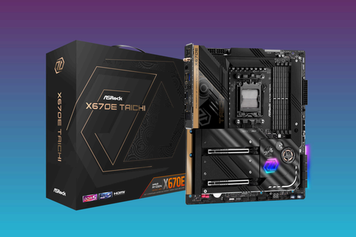 ASRock X670E Taichi against a bluish and lilac background