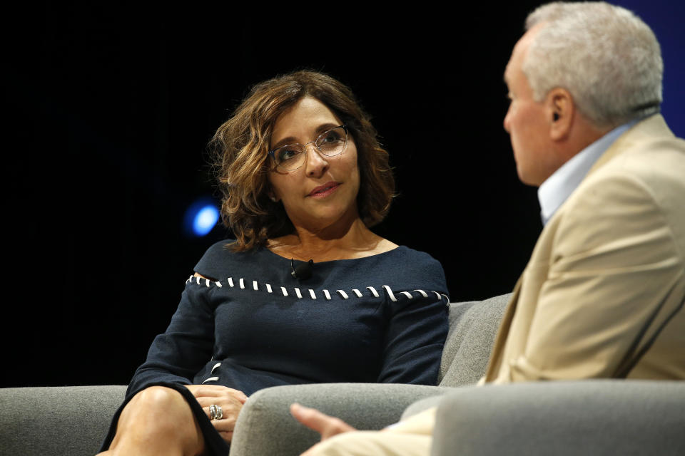 CANNES, FRANCE - JUNE 21: Chairman of Advertising and Partnerships at NBCUniversal, Linda Yaccarino and Creator and Executive Producer, 'Saturday Night Live' Lorne Michaels speak on stage during the NBC session at the Cannes Lions 2019 : Day Five on June 21, 2019 in Cannes, France. (Photo by Richard Bord/Getty Images for Cannes Lions)