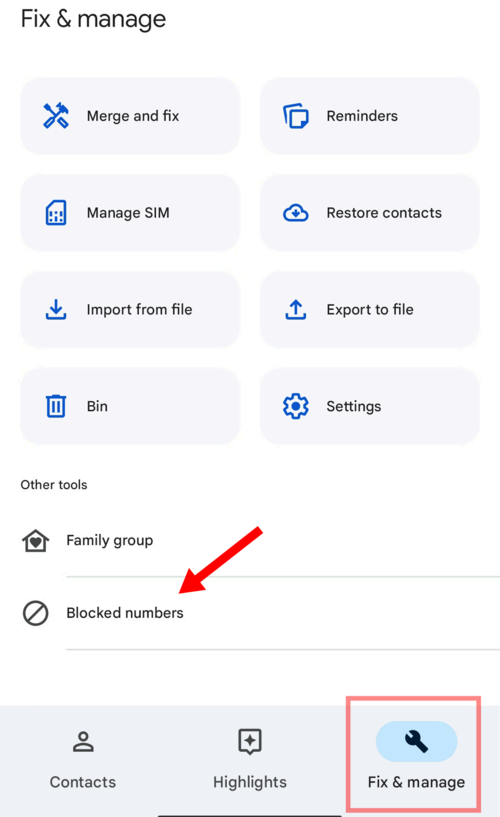 The Blocked numbers option in the Fix and manage tab in Google Contacts