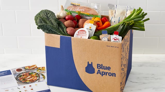 blue apron box with ingredients