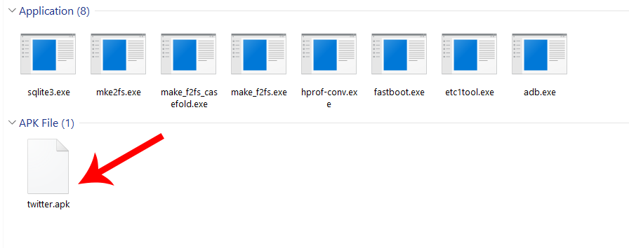 A red arrow pointing at the APK file for the old Twitter app.