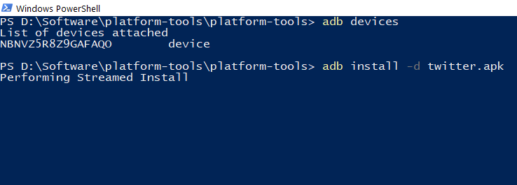 The app installation process inside an ADB terminal.