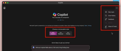 Change the Conversation style in Copilot by clicking Show All Tones.