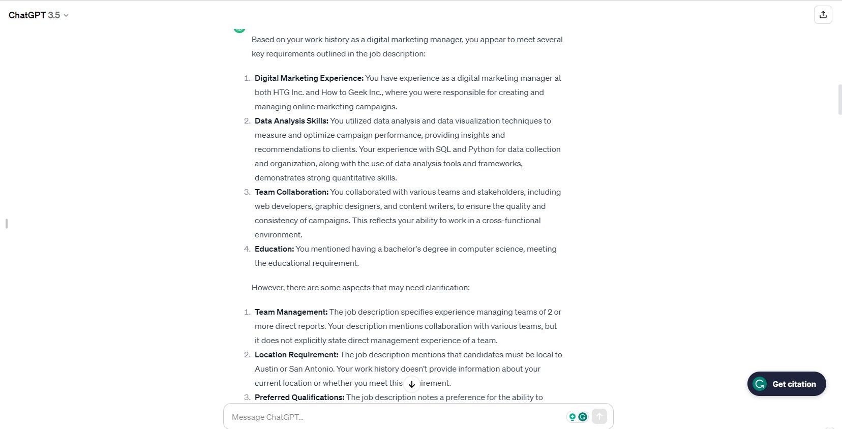 ChatGPT response indicating more information needed to determine if candidate meets requirements for digital marketing manager role