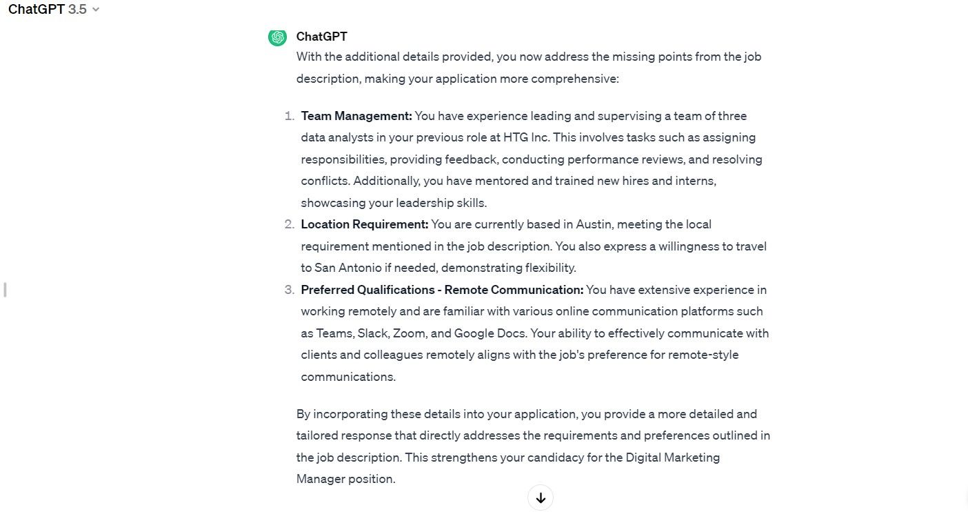 ChatGPT's response to providing additional details