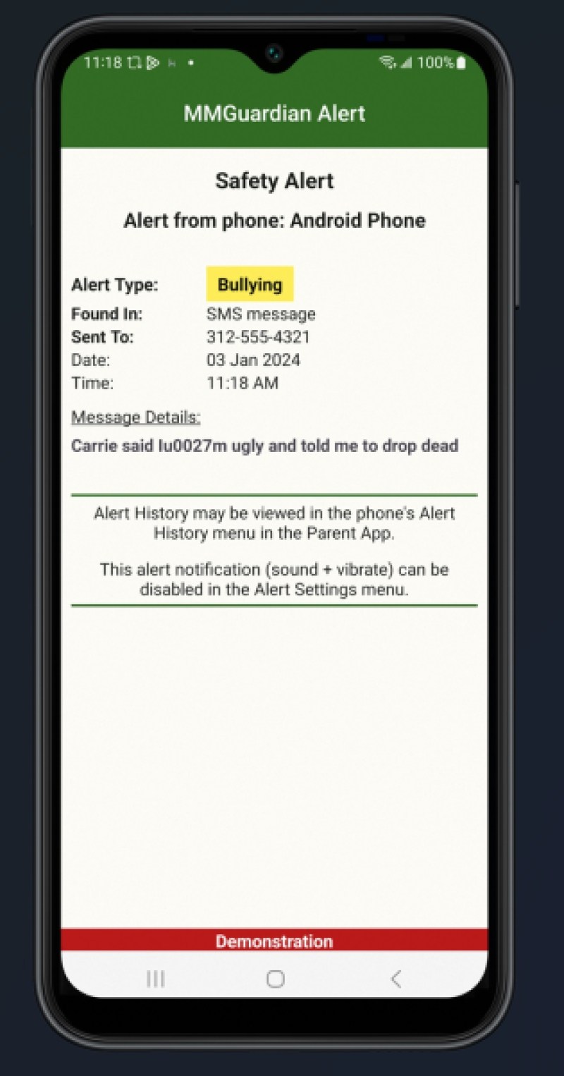 An MMGuardian notification about bullying.