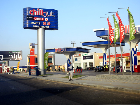 Chillout airport gas and oil station at the daytime, a petrol gas station near Cairo airport with circle K stores, McDonald