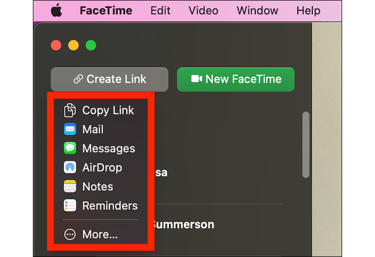 Choose how to share the link from Mac for FaceTime on Android.