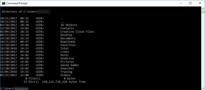 Running the DIR command in a Command Prompt Windows in Windows 10.