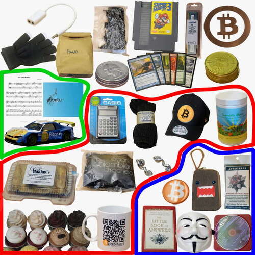 A collage from Meiklejohn’s research paper showing every object she bought with Bitcoin in her tracing experiments.