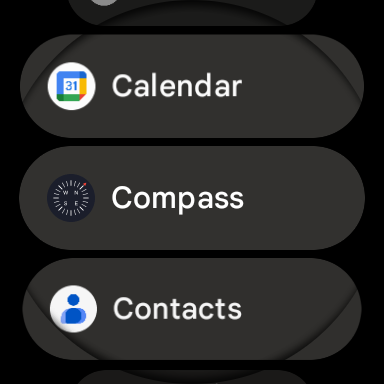 Compass app in a list of Wear OS apps.