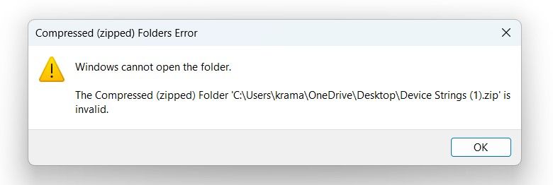 Corrupt ZIP file prompt on Windows.