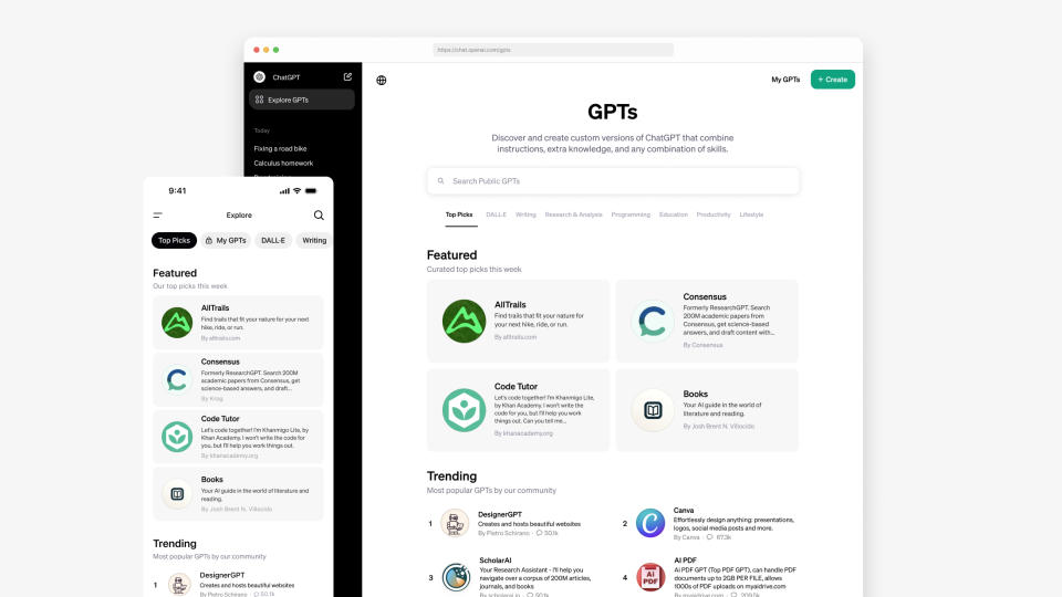 OpenAI screenshot of the ChatGPT GPT Store. It highlights featured apps from All Trails, Consensus, Code Tutor and Books.