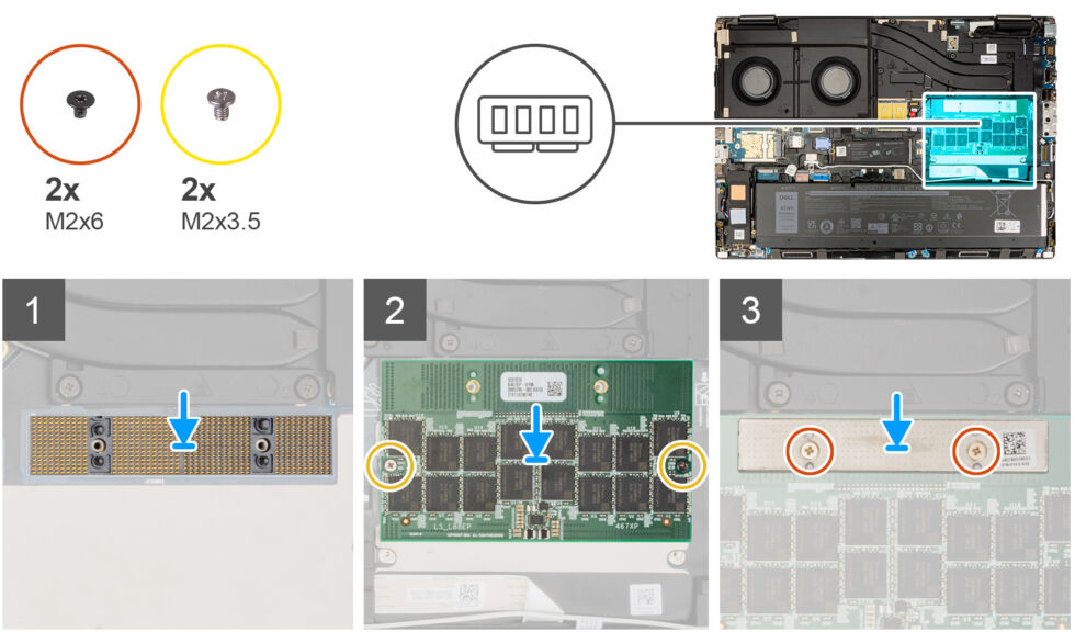 Dell's repair guide for replacing the CAMM module in a Precision 7670 laptop. The module must be screwed down, and as with desktop CPU upgrades, you'll need to be careful not to damage the pins on the motherboard.