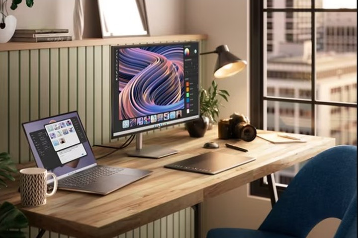 A Dell XPS 15 laptop on an office desk next to a monitor.