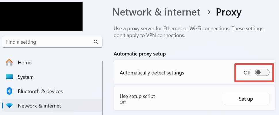 Disabling automatic proxy detection on Windows.