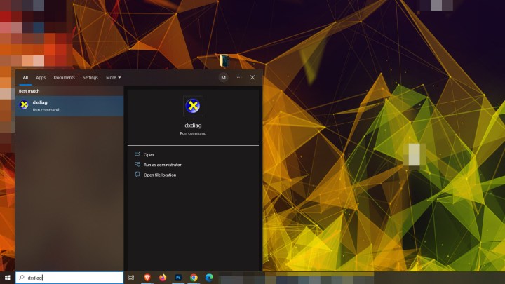 Searching for DxDiag in Windows 10.