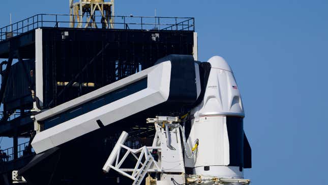 The Dragon spacecraft awaiting launch atop the Falcon 9 rocket.