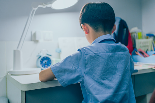 Elementary school students do homework at home