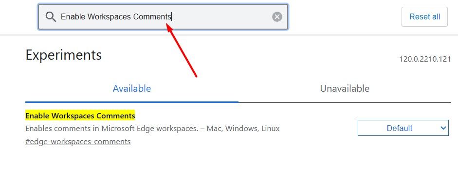 Enable Workspaces Comments command in Edge Flags page.