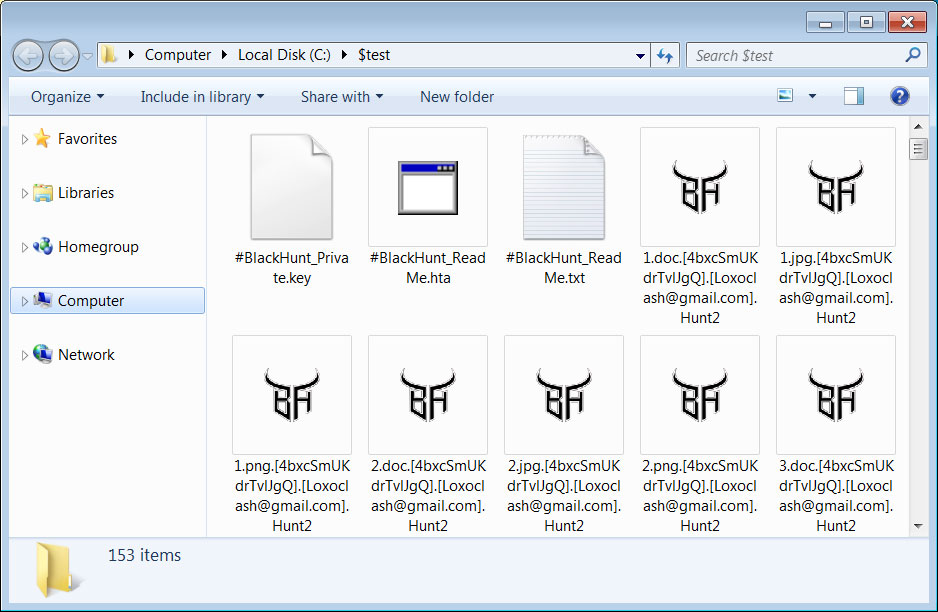 Files encrypted by the Black Hunt ransomware