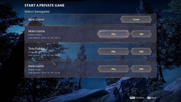 Private server menu in Enshrounded.