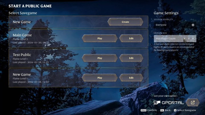 Public server creation menu in Enshrouded. 