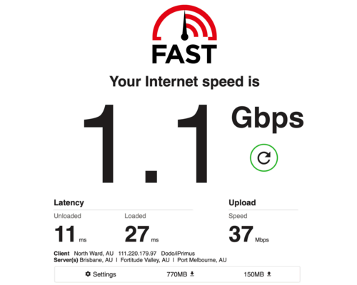 Internet speed test result of 1.1Gbps using Fast.com.