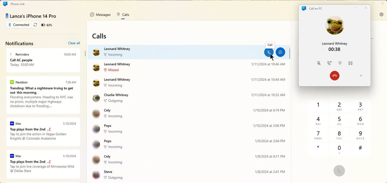 Making a phone call from Windows 11 with Phone Link