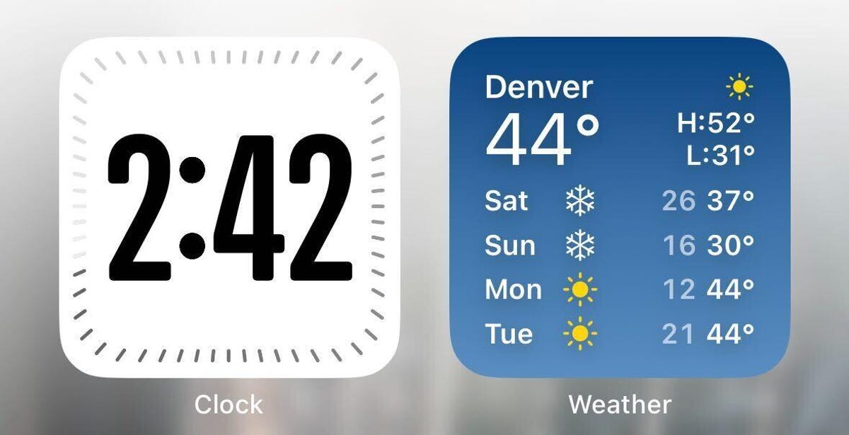 The clock widget showing 2:42 and the Weather widget showing the forecast for Denver