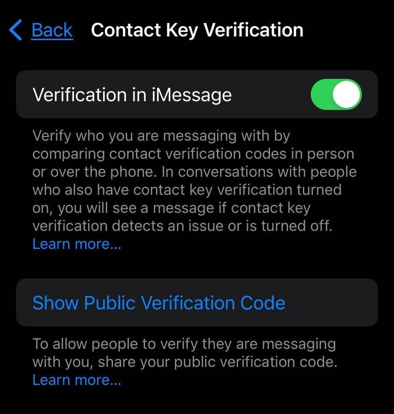 Contact Key Verification menu with Verification in iMessages enabled