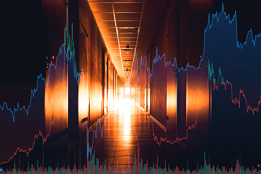 Finance and stock exchange concept. Economic data against the backdrop of an office corridor